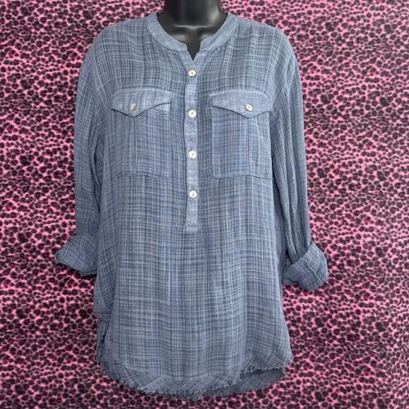 Free People Talk To Me Frayed Hem Popover Blouse - Picture 2 of 8